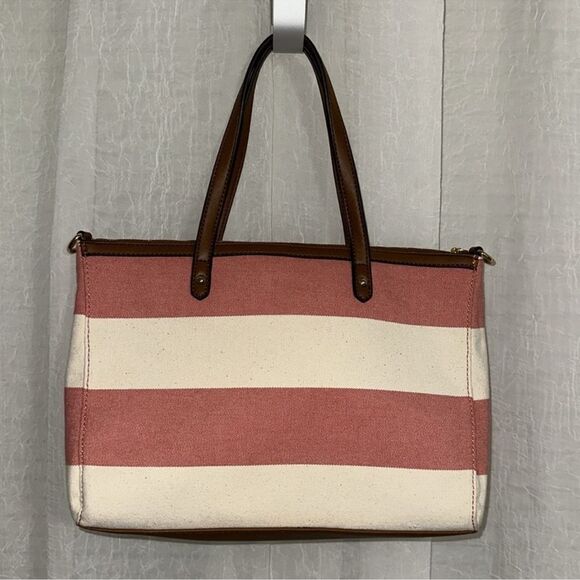 TH Ivory Coral Pink Brown Canvas Stripe Faux Leather Trim Medium Tote Handbag - Picture 2 of 15